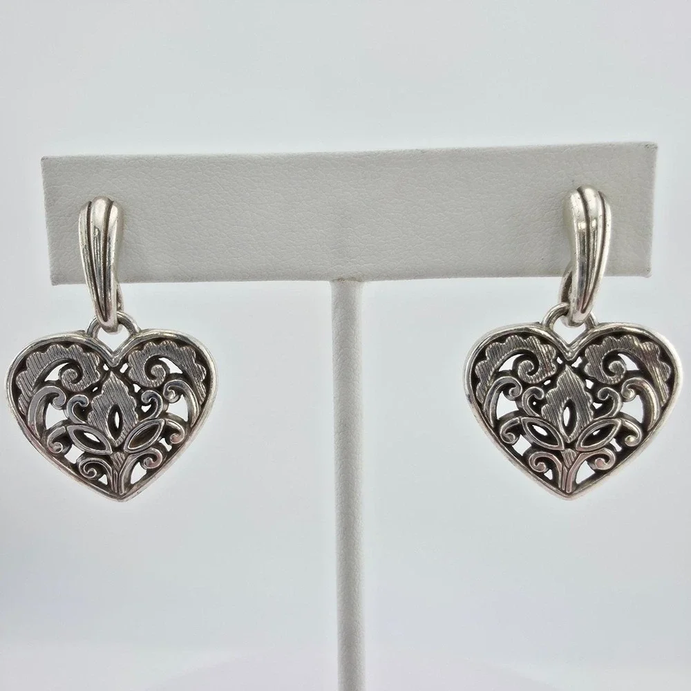 BRIGHTON 'Cordoba Heart' Earrings Open Scrollwork Floral Drop Silver Plate 1.5